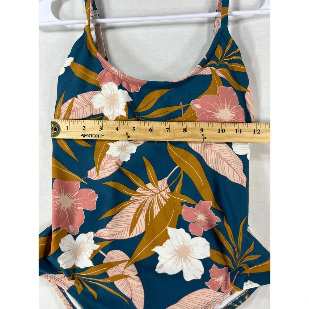 Kona Sol Womens Small Teal Tropical Floral Lace Up Back One Piece Swimsuit